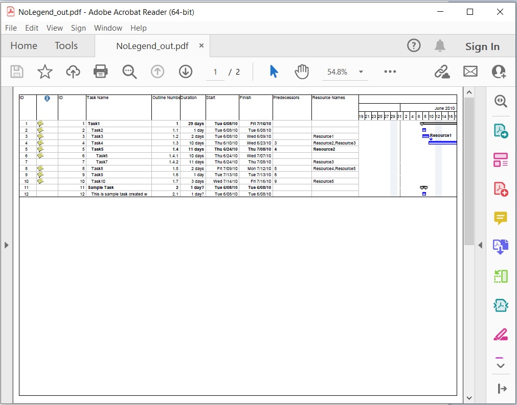 Convert MS Project to PDF without Legends in C#