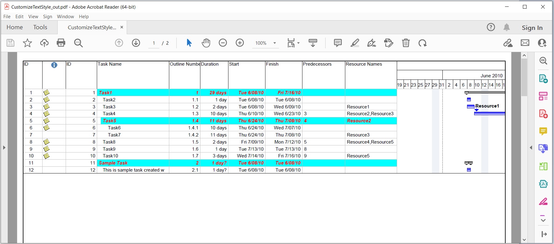 Customize Text Style and Convert MS Project to PDF in C#